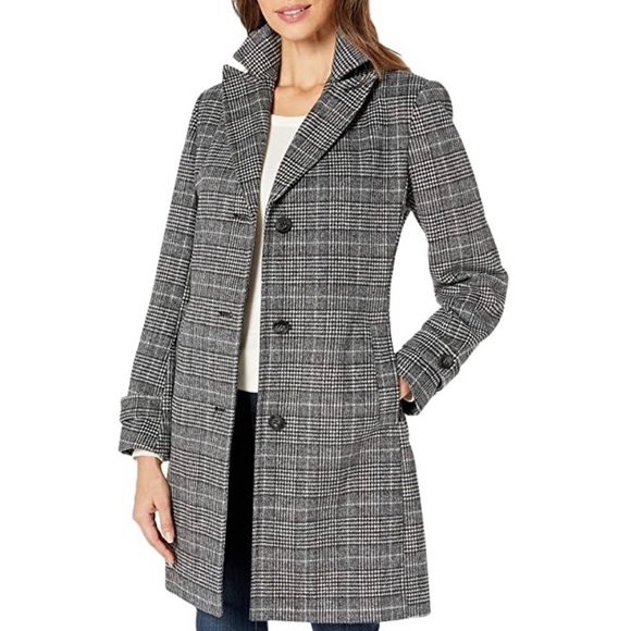 Vince Camuto Single Breasted Glen Plaid Wool Blend Walker Coat - Picture 1 of 9